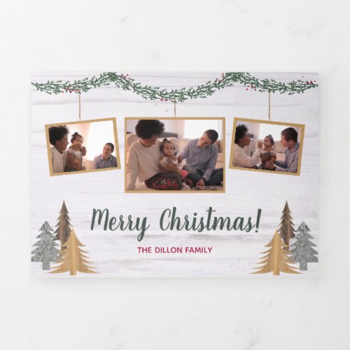 Rustic Farmhouse Christmas Trees  Garland 5_Photo Tri_Fold Holiday Card