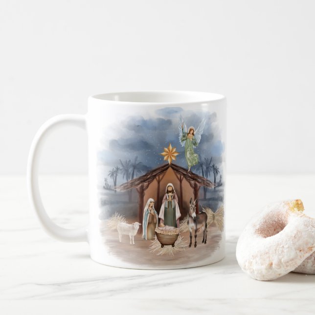 Rustic Farmhouse Christmas Watercolor Nativity Coffee Mug (With Donut)