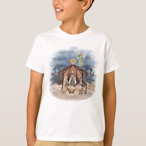 Rustic Farmhouse Christmas Watercolor Nativity T_Shirt