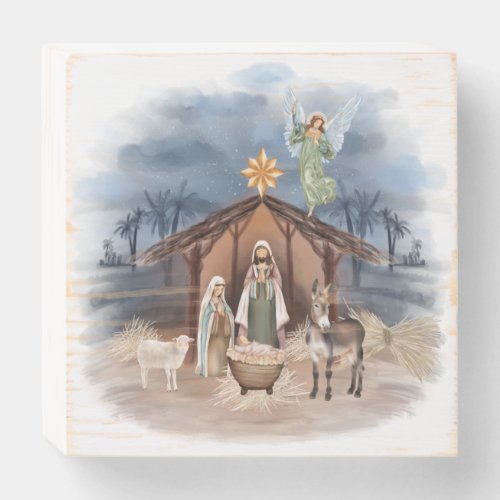 Rustic Farmhouse Christmas Watercolor Nativity Wooden Box Sign