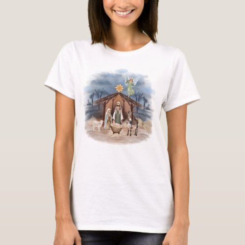 Rustic Farmhouse Christmas Watercolour Nativity T_Shirt