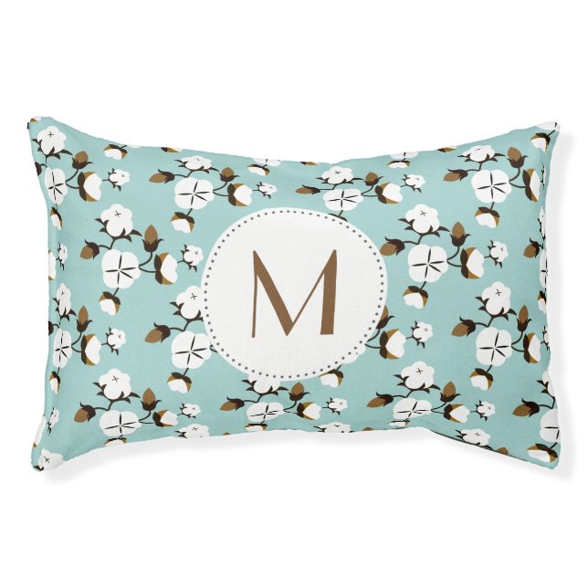 Rustic Farmhouse Cotton Flowers & Pet's Initial Pet Bed (Front)