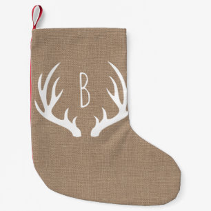 Rustic Farmhouse Country Deer Antlers Faux Burlap Small Christmas Stocking