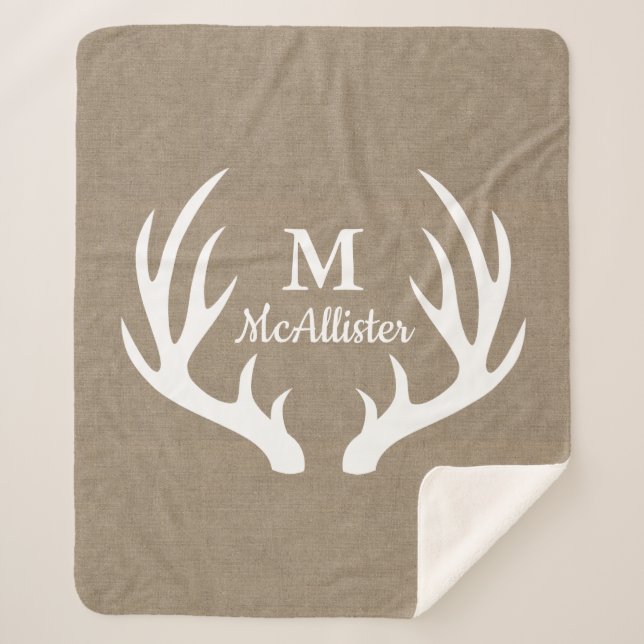 Rustic Farmhouse Country Faux Burlap & Deer Antler Sherpa Blanket (Front)