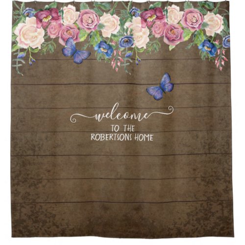 Rustic Farmhouse Country Floral Wood Family Name Shower Curtain