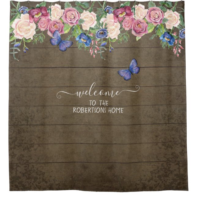 Rustic Farmhouse Country Floral Wood Family Name Shower Curtain (Front)