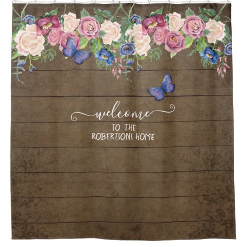 Rustic Farmhouse Country Floral Wood Family Name Shower Curtain