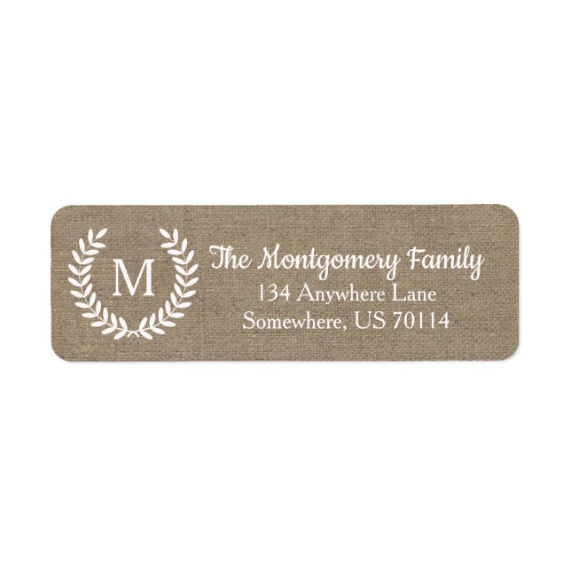 Rustic Farmhouse Country Laurels Faux Burlap Label (Front)