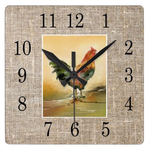 Rustic Farmhouse Country Rooster Burlap Square Wall Clock