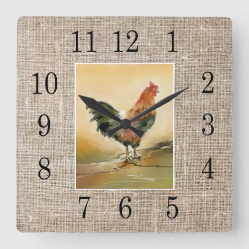 Rustic Farmhouse Country Rooster Burlap Square Wall Clock