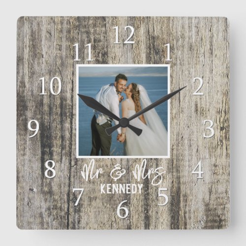 Rustic Farmhouse Couple Photo Reclaimed Driftwood Square Wall Clock