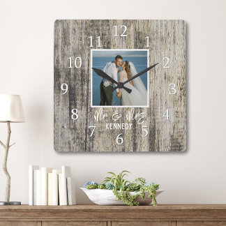 Rustic Farmhouse Couple Photo Reclaimed Driftwood Square Wall Clock