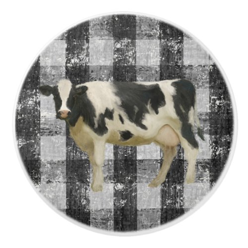 Rustic Farmhouse Cow Black n White Gingham Check Ceramic Knob