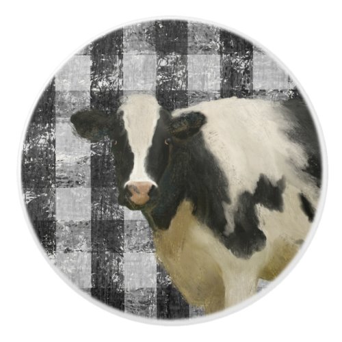 Rustic Farmhouse Cow Black n White Gingham Check Ceramic Knob