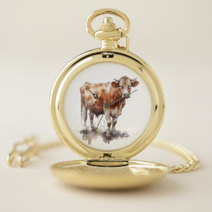 Rustic Farmhouse Cow Watercolor Charm Pocket Watch