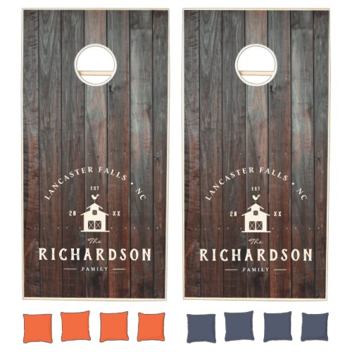 Rustic Farmhouse Custom Family Name Country Barn Cornhole Set