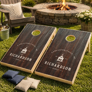 Rustic Farmhouse Custom Family Name Country Barn Cornhole Set