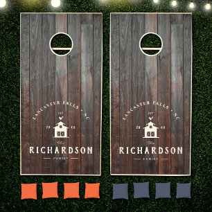 Rustic Farmhouse Custom Family Name Country Barn Cornhole Set