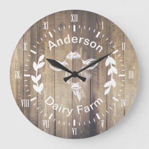 Rustic Farmhouse Dairy Farm Cow & Family Name Large Clock