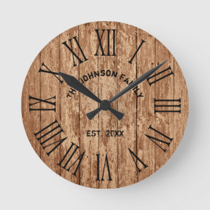 Rustic Farmhouse Dark Wood Family Name Round Clock