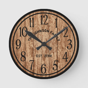 Rustic Farmhouse Dark Wood Family Name Round Clock