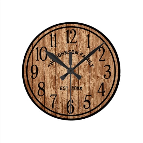 Rustic Farmhouse Dark Wood Famliy Name Round Clock