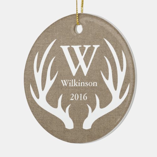 Rustic Farmhouse Deer Antlers Family Name Ceramic Ornament