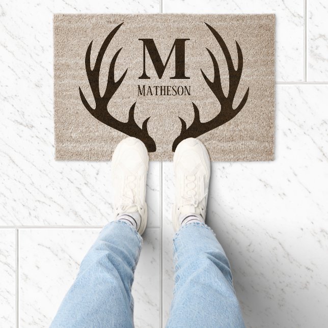 Rustic Farmhouse Deer Antlers Monogram Fiber Doormat (Insitu)