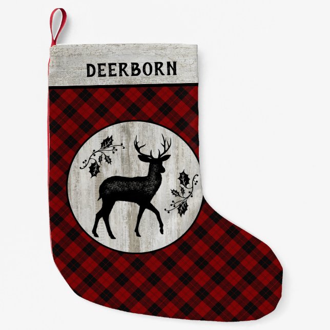Rustic Farmhouse Deer Red Buffalo Plaid Name Small Christmas Stocking (Front)