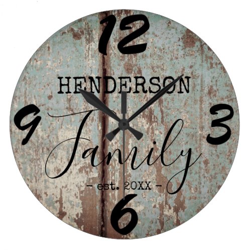 Rustic Farmhouse Distressed Faux Wood Family Name Large Clock