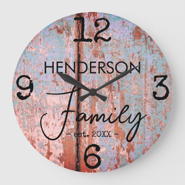 Rustic Farmhouse Distressed Faux Wood Family Name  Large Clock (Front)