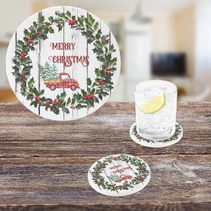 Rustic Farmhouse Distressed Wood Red Truck Coaster