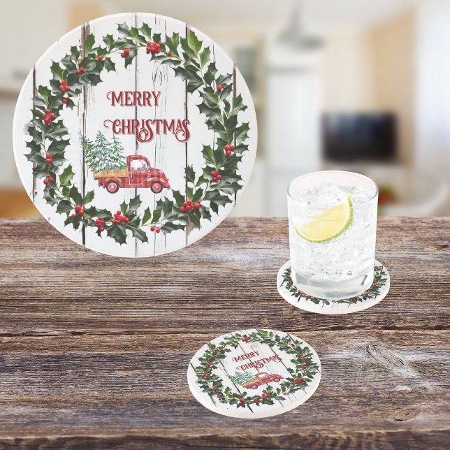 Rustic Farmhouse Distressed Wood Red Truck Coaster (Creator Uploaded)