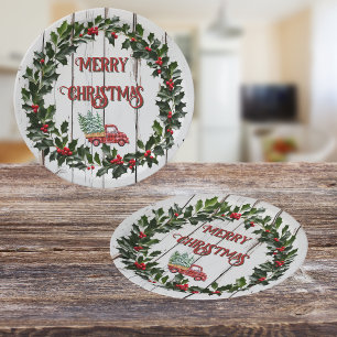 Rustic Farmhouse Distressed Wood Red Truck Paper Plates