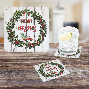 Rustic Farmhouse Distressed Wood Red Truck Square Paper Coaster