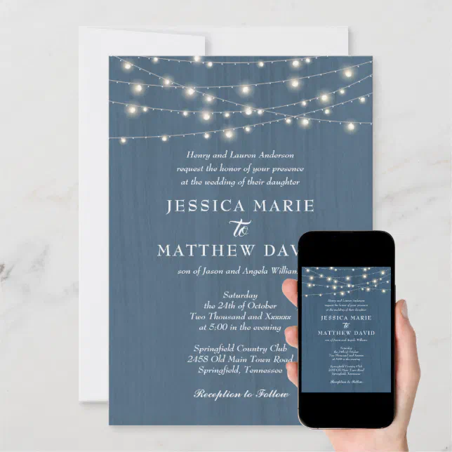 Rustic Farmhouse Dusty Blue Fairy Lights Wedding Invitation | Zazzle