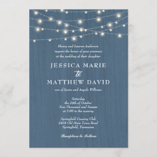 Rustic Farmhouse Dusty Blue Fairy Lights Wedding Invitation