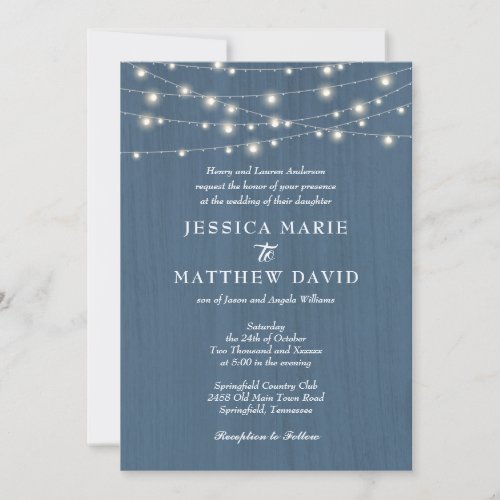 Rustic Farmhouse Dusty Blue Fairy Lights Wedding Invitation