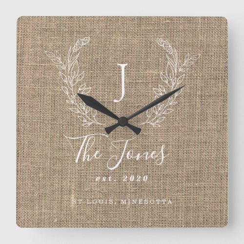 Rustic farmhouse elegant family monogrammed square wall clock