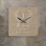 Rustic farmhouse elegant family monogrammed square wall clock<br><div class="desc">Personalized family vintage classic white monogram,  name,  and established year chic light brown beige and white rustic country farmhouse style burlap wall clock.         A modern keepsake gift for weddings,  anniversaries,  housewarmings,  Thanksgiving,  Christmas,  or any other occasion.</div>