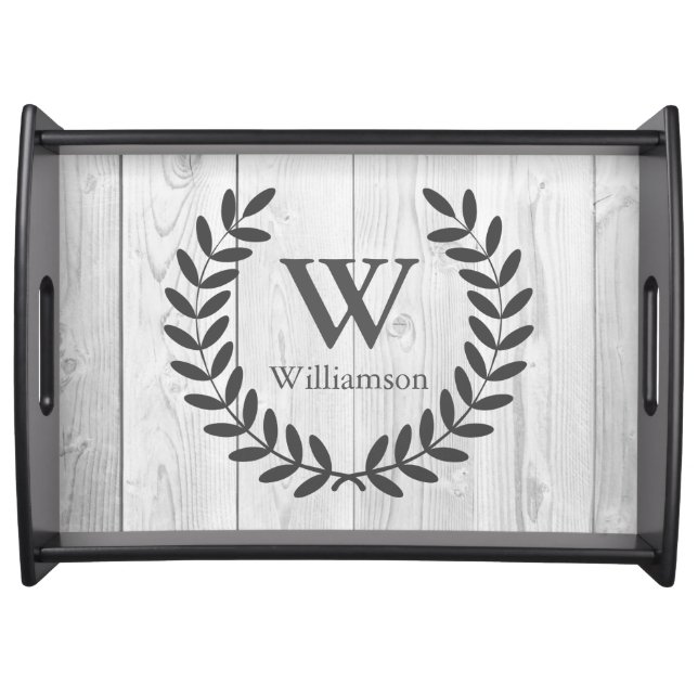 Rustic Farmhouse Elegant Gray Laurels | Monogram Serving Tray (Front)