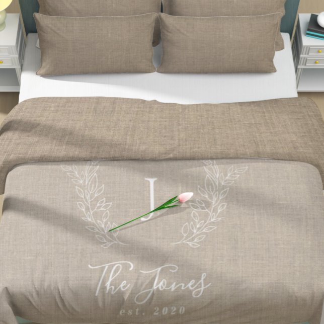 Rustic farmhouse family laurel monogram beige jute duvet cover (Creator Uploaded)