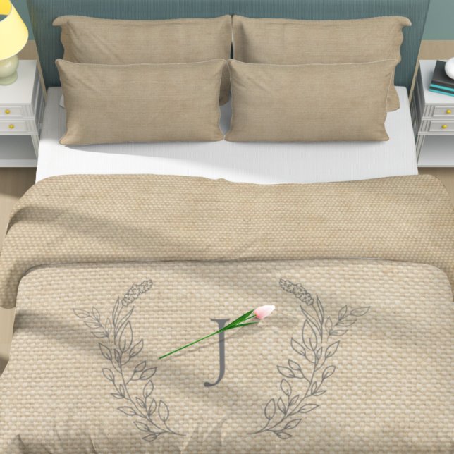 Rustic farmhouse family monogram beige burlap duvet cover (Creator Uploaded)
