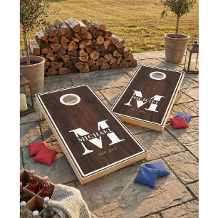 Rustic Farmhouse Family Monogram Dark Wood  Cornhole Set