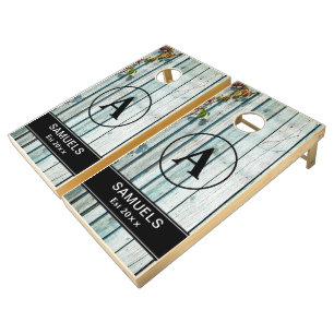 Rustic Farmhouse Family Monogram Name Wood Boards Cornhole Set
