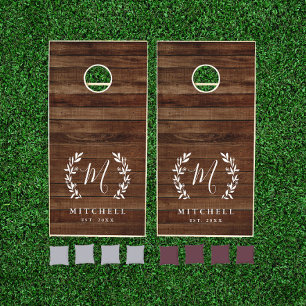 Rustic Farmhouse Family Monogram Name Wood Cornhole Set
