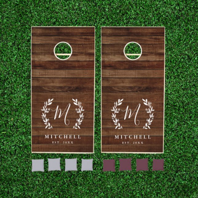 Rustic Farmhouse Family Monogram Name Wood Cornhole Set (Creator Uploaded)