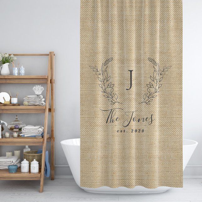 Rustic farmhouse family monogrammed faux burlap shower curtain (Creator Uploaded)