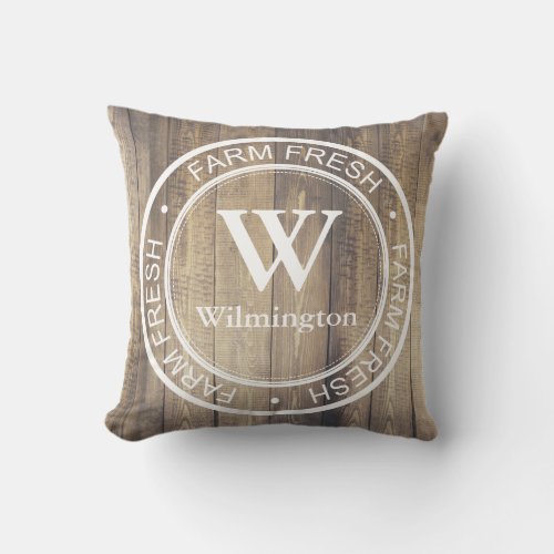 Rustic Farmhouse Family Name Farm Fresh Label Throw Pillow