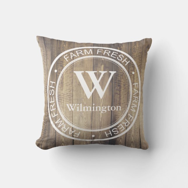 Rustic Farmhouse Family Name Farm Fresh Label Throw Pillow (Front)